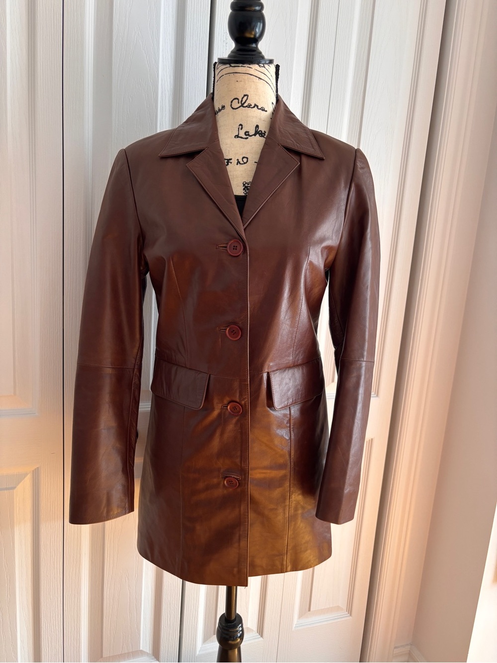 Brown Vintage Leather Button-Front Jacket